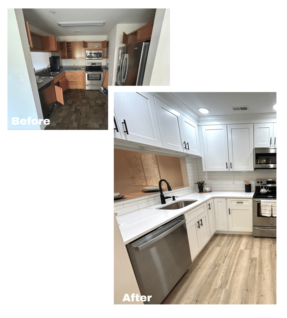 Before and after of a kitchen of a home we bought fast in Atlantic City