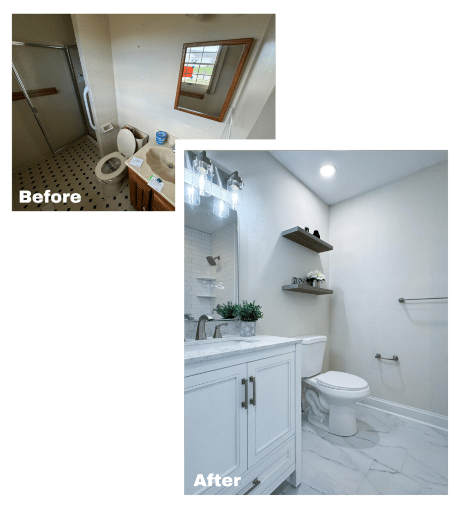 Before and after of a bathroom of a home we bought fast in Hamilton