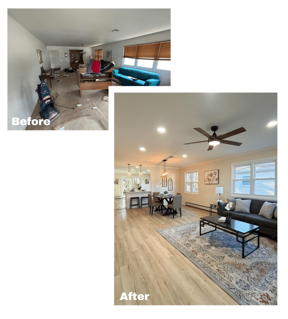 Before and after of a living room of a home we bought fast in Camden