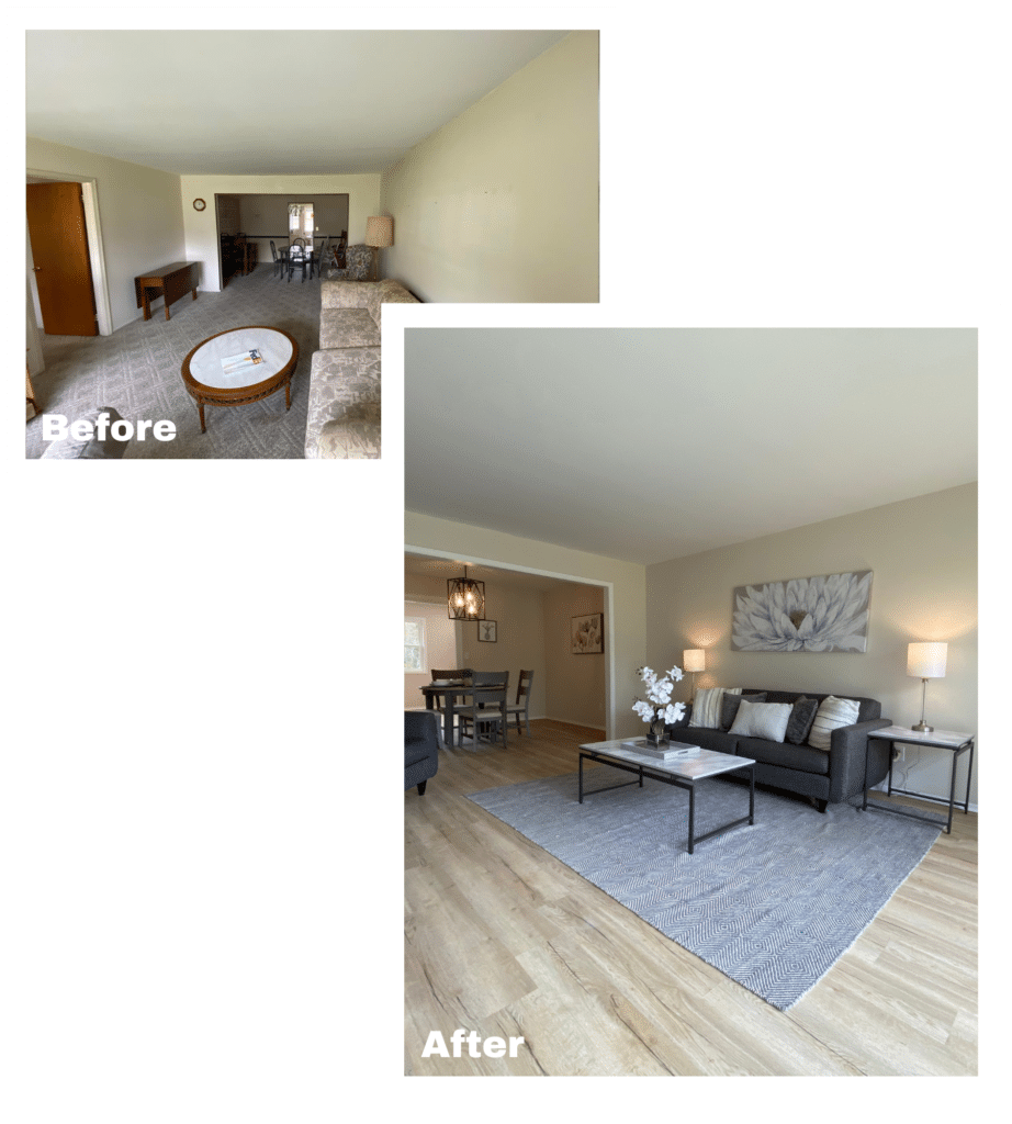 Before and after of a living room of a home we bought fast in Middletown, NJ