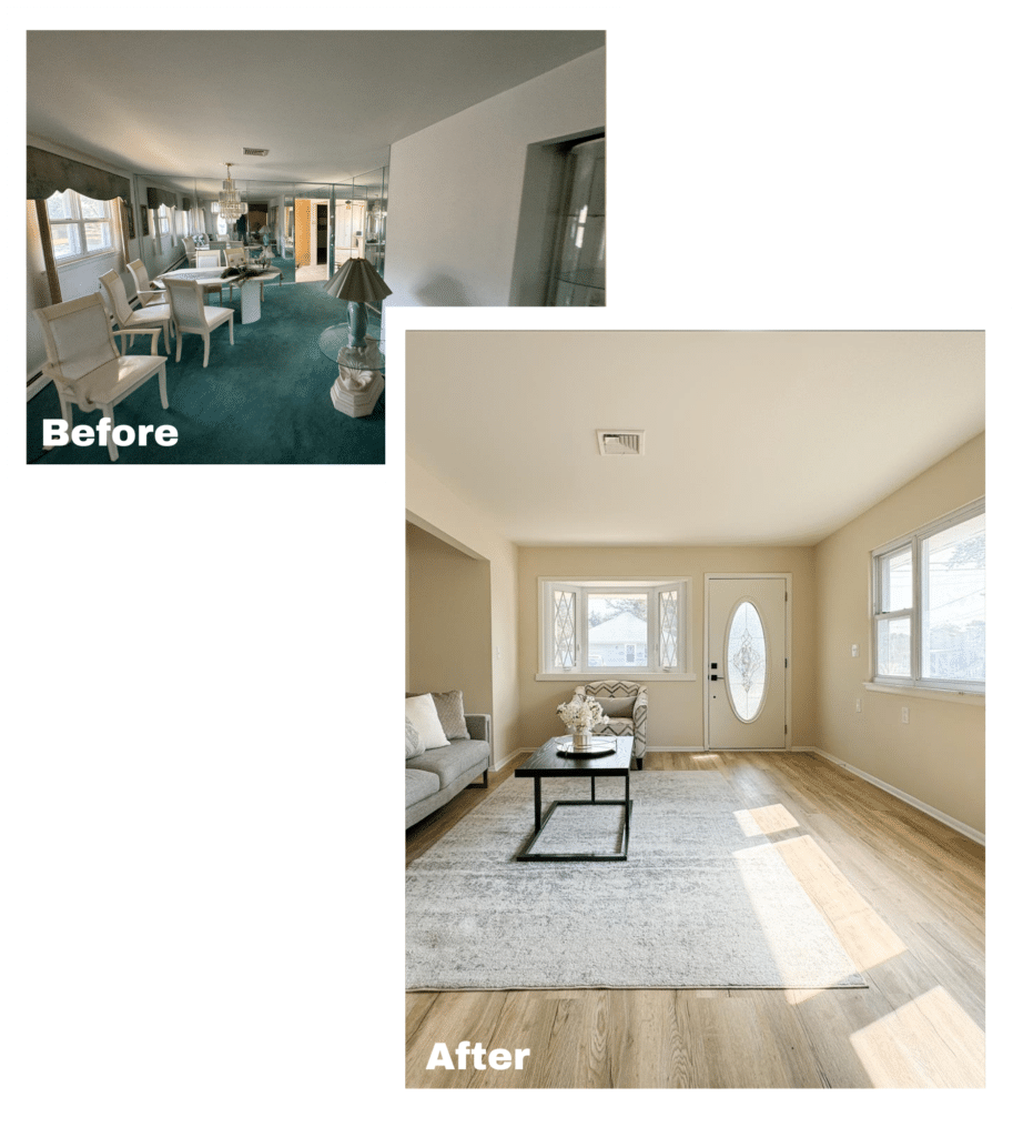 Before and after of a living room of a home we bought fast in Freehold