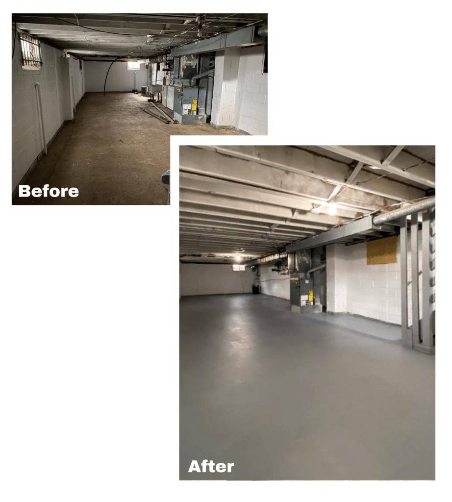 Before and after of a basement of a home we bought fast in Brunswick