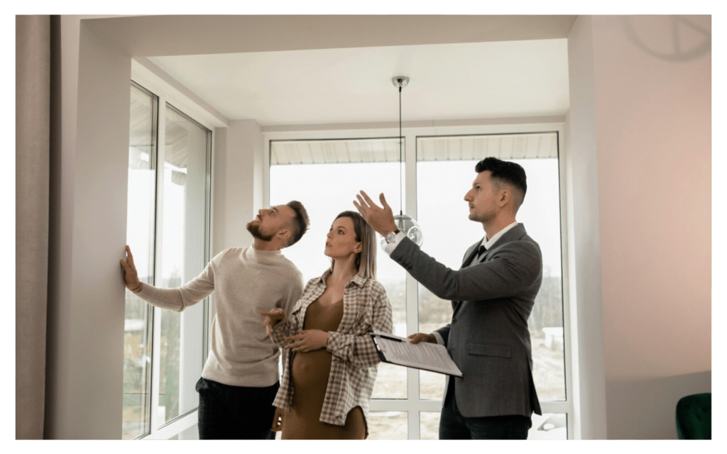 A property specialist showing a couple a home